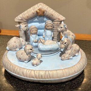 Vintage 80’s Charming Light Blue Musical Nativity Scene Set. Hand painted!